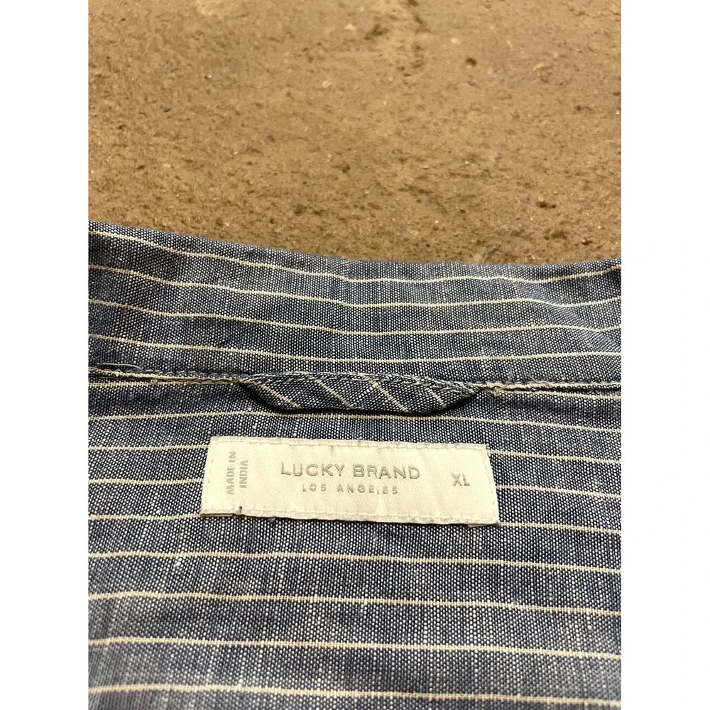 Lucky Brand Shirt Mens XL Blue Striped Linen Short Sleeve Camp Collar Casual - Picture 7 of 16